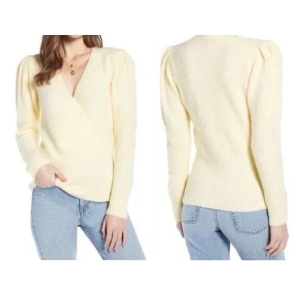 Something Navy light Yellow Alpaca blend v neck faux wrap Sweater size small